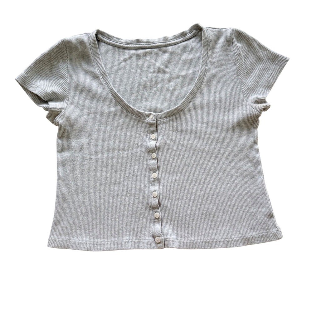 Aerie Button Front Top Women Small Gray Ribbed Knit Short Sleeve Scoop Neck Crop